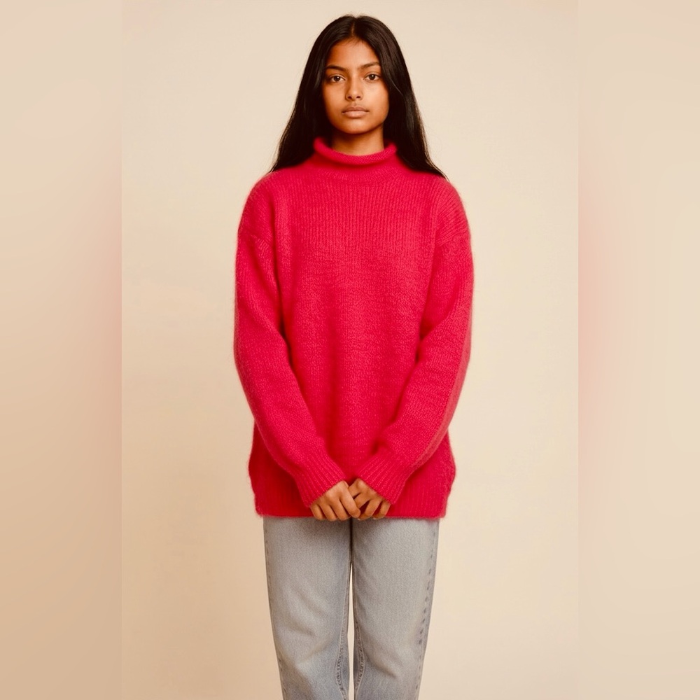 Cozy Soft Red Fuzzy Knit Mock Neck Sweater